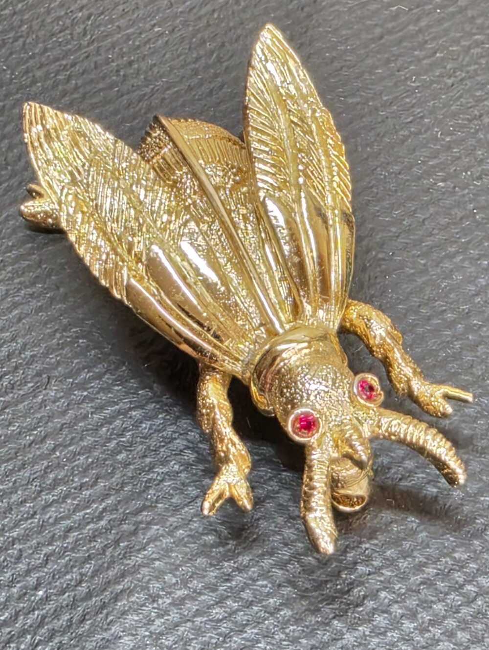 Vintage Monet Gold Tone Figural Beetle Bug Brooch Red Rhinestone Eyes